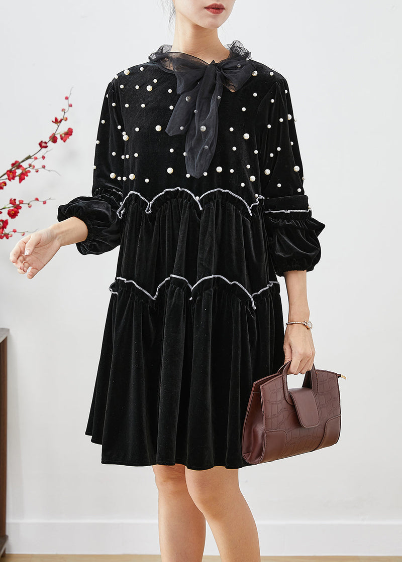 Black Ruffled Patchwork Nail Bead Silk Velour Maxi Dresses Fall