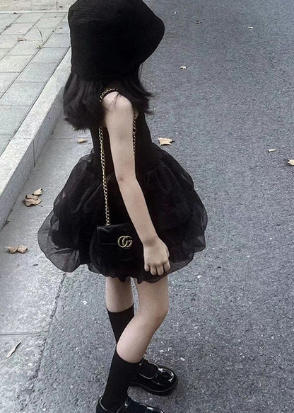 Black Ruffled Patchwork Tulle Kids Robe Dresses Summer