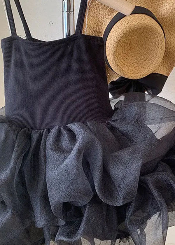 Black Ruffled Patchwork Tulle Kids Robe Dresses Summer