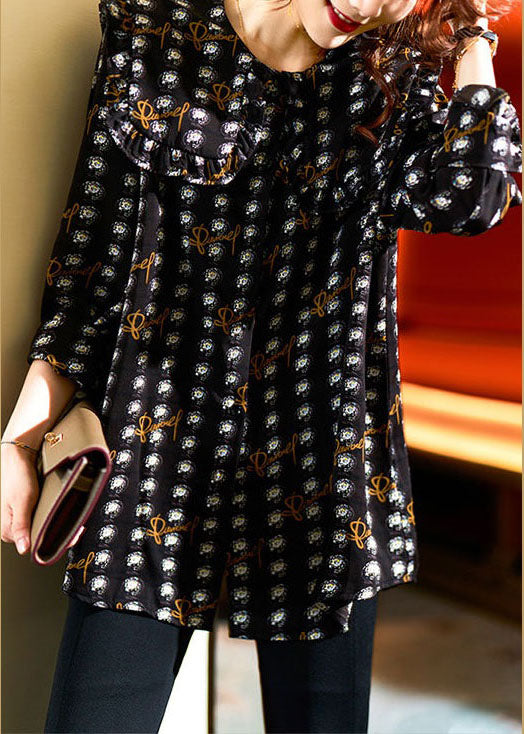 Black Ruffled Print Patchwork Chiffon Shirt Top Spring