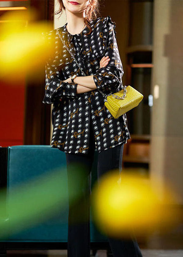 Black Ruffled Print Patchwork Chiffon Shirt Top Spring