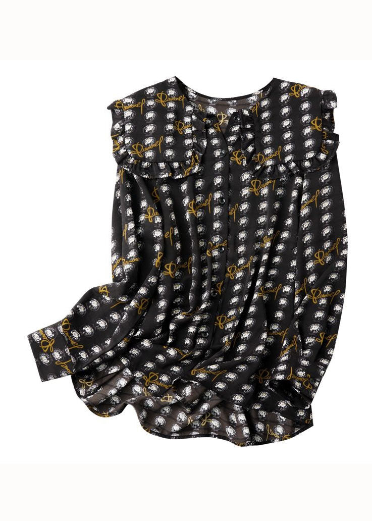 Black Ruffled Print Patchwork Chiffon Shirt Top Spring