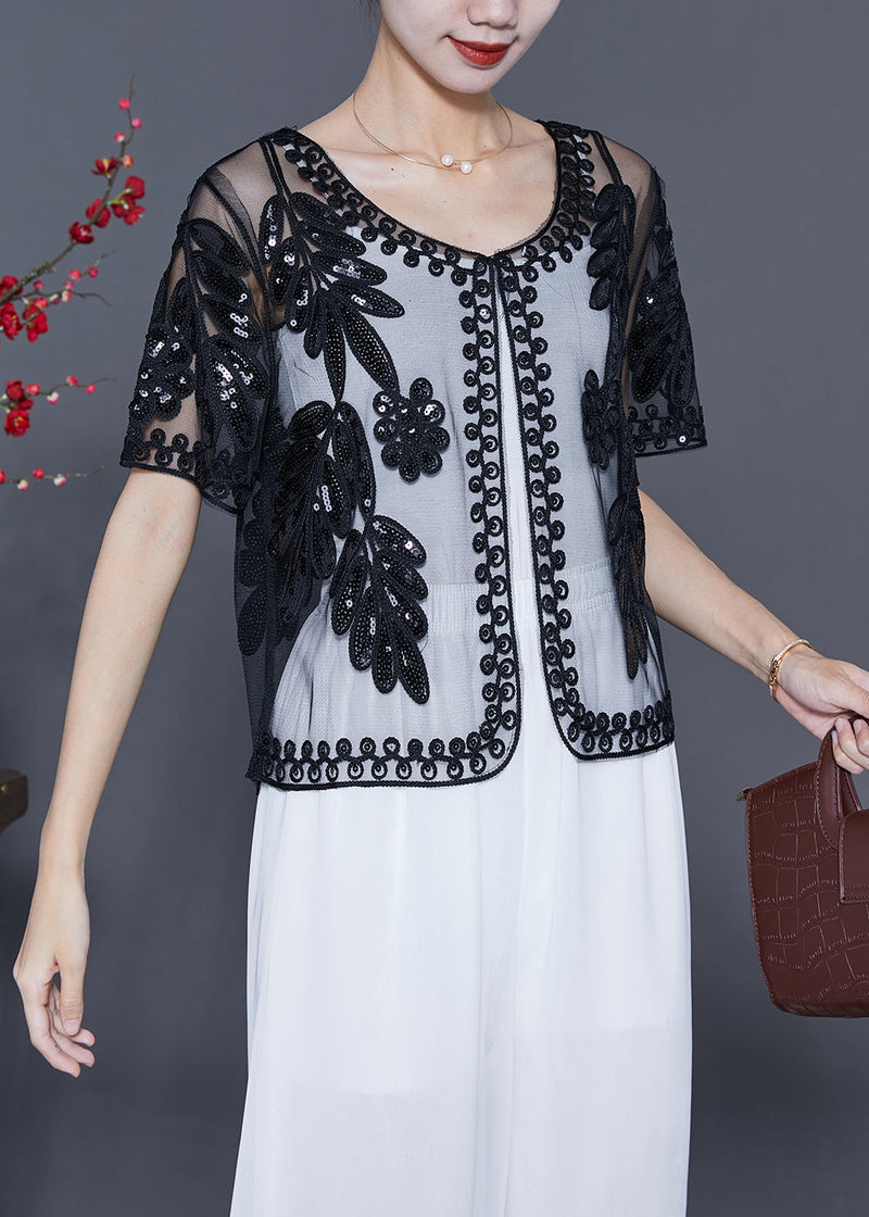 Black Sequins Embroideried Tulle Cardigans Summer