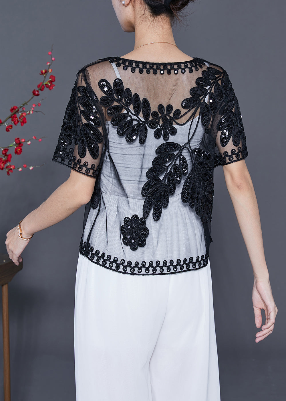 Black Sequins Embroideried Tulle Cardigans Summer