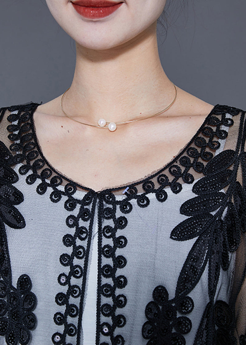 Black Sequins Embroideried Tulle Cardigans Summer