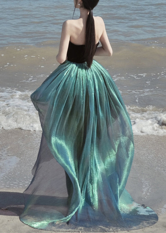 Black Slash Neck Patchwork Tulle Long Beach Dresses Sleeveless