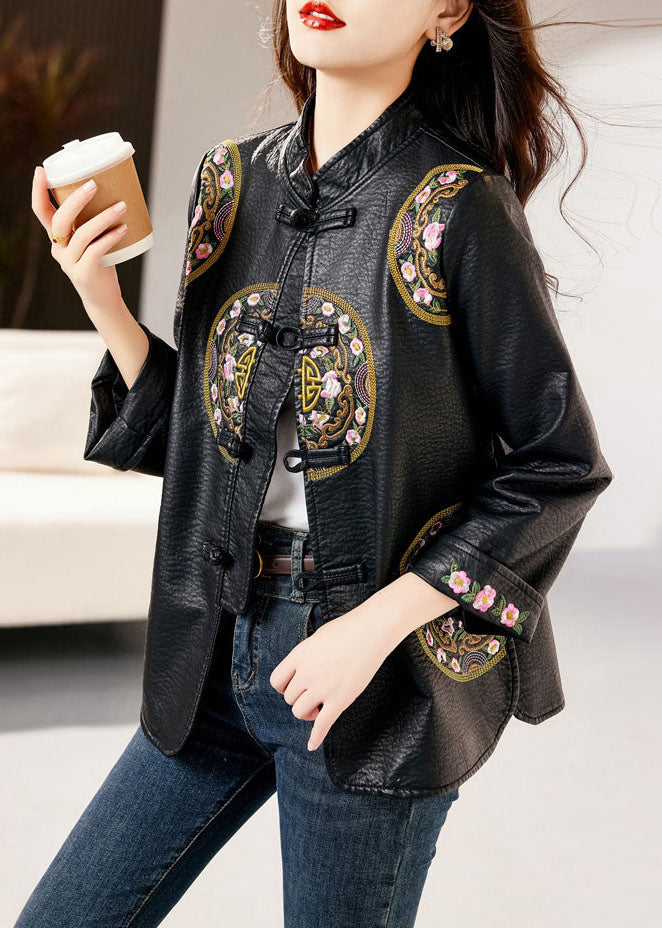 Black Stand Collar Embroidered Button Faux Leather Coats Fall