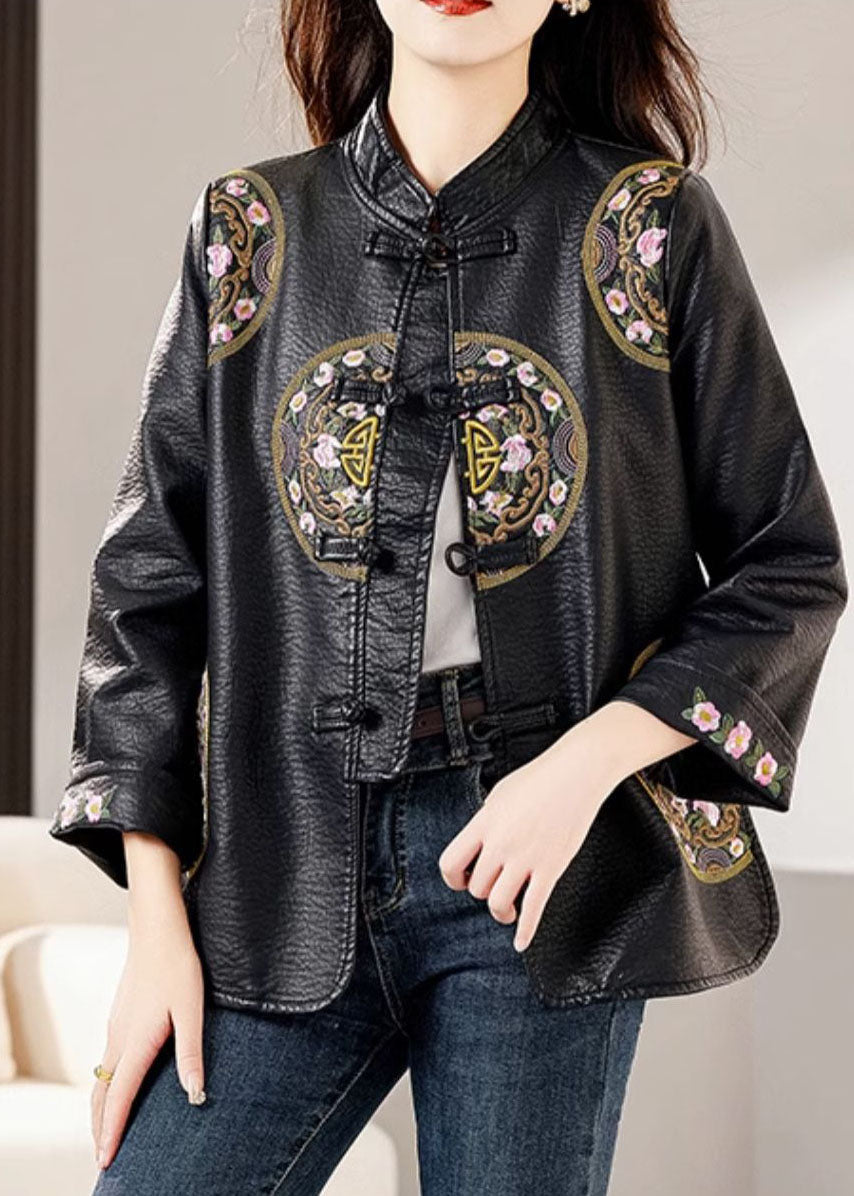 Black Stand Collar Embroidered Button Faux Leather Coats Fall