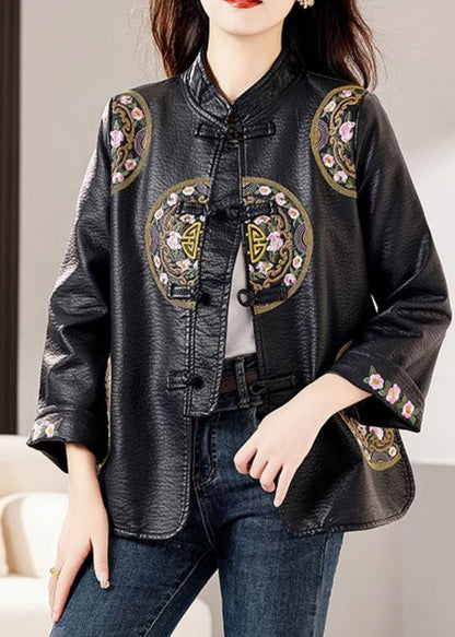 Black Stand Collar Embroidered Button Faux Leather Coats Fall