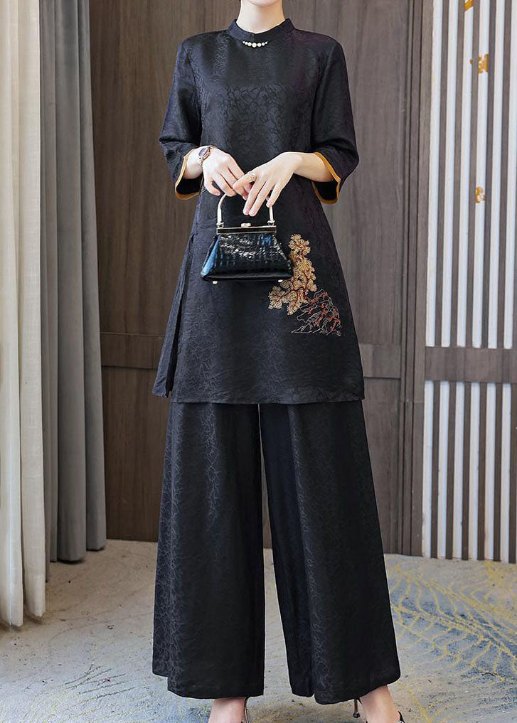 Black Stand Collar Embroideried Silk Tops and Pants Outfit Summer