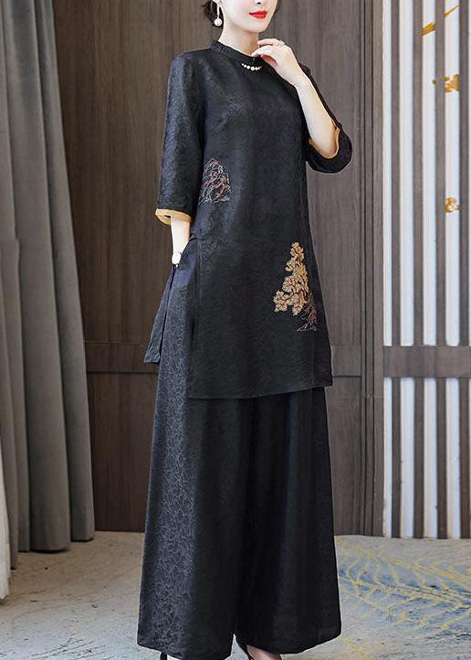 Black Stand Collar Embroideried Silk Tops and Pants Outfit Summer