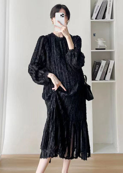 Black Stand Collar Wrinkledpatchwork Lace Dress Fall