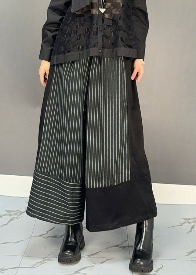 Black Striped Patchwork Elastic Waist Woolen Wide Leg Crop Pants Spring