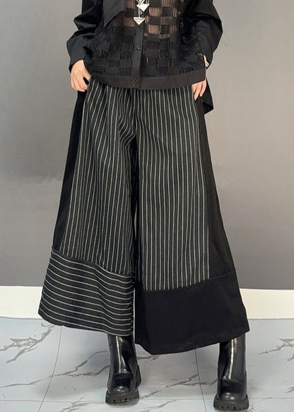 Black Striped Patchwork Elastic Waist Woolen Wide Leg Crop Pants Spring