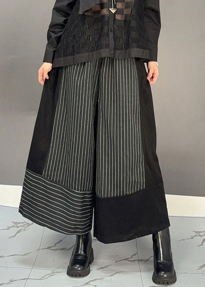 Black Striped Patchwork Elastic Waist Woolen Wide Leg Crop Pants Spring