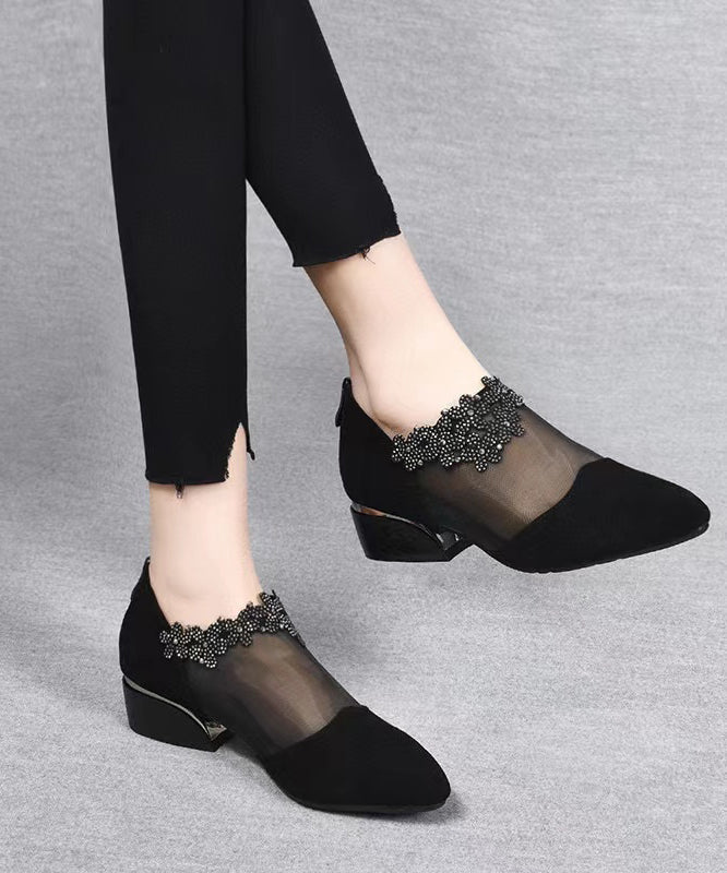 Black Suede Tulle Splicing Zircon High Heels