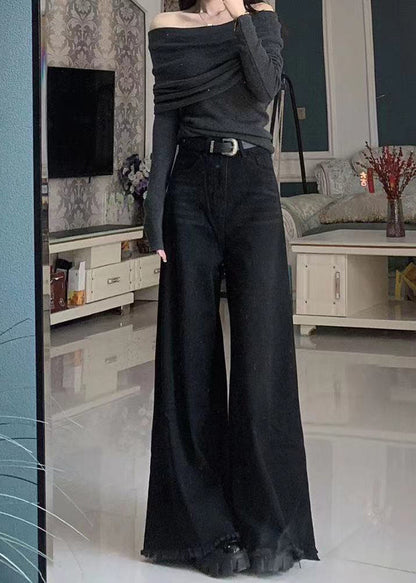 Black Tasseled Pockets Denim Wide Leg Pants Spring