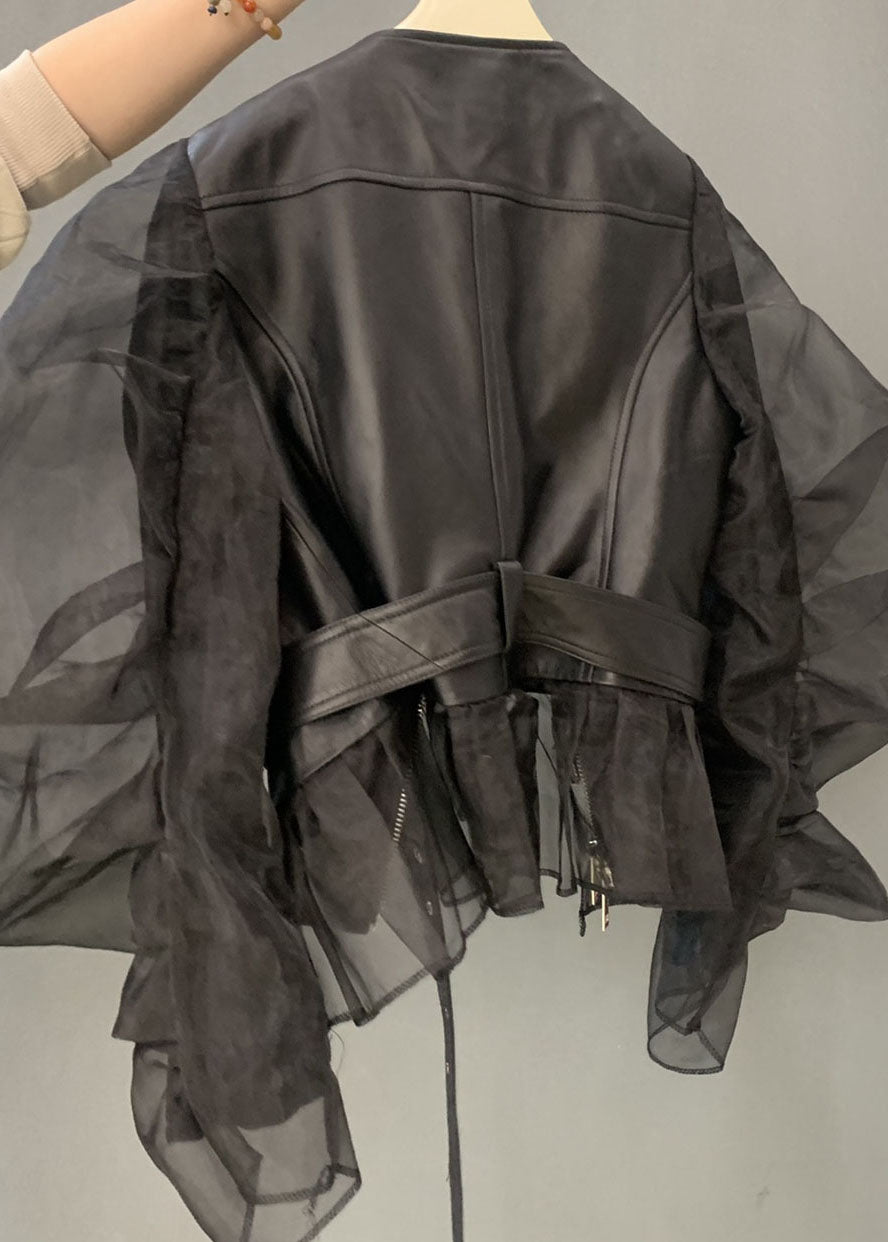 Black Tulle Puff Sleeve Zippered Patchwork Faux Leather Jackets