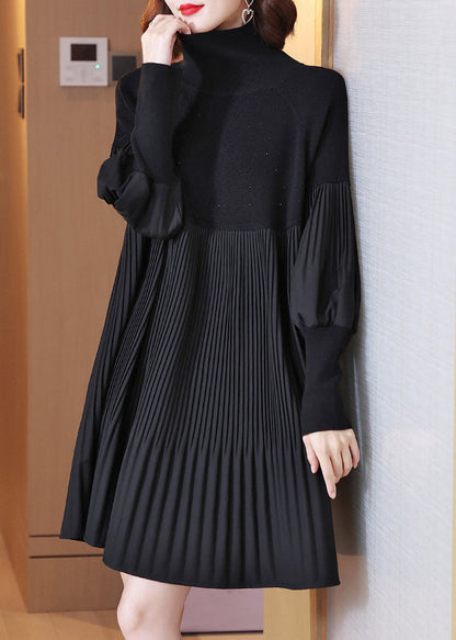 Black Turtleneck Patchwork Wrinkled Knit Dress Lantern Sleeve