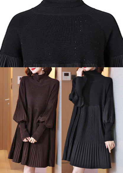Black Turtleneck Patchwork Wrinkled Knit Dress Lantern Sleeve