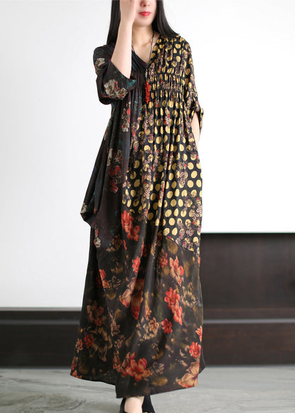 Black V Neck Asymmetrical Print Wrinkled Silk Maxi Dress Summer