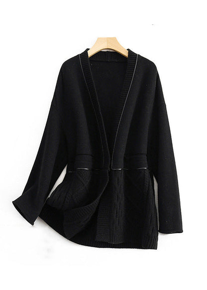 Black V Neck Button Knit Patchwork Woolen Coats Long Sleeve