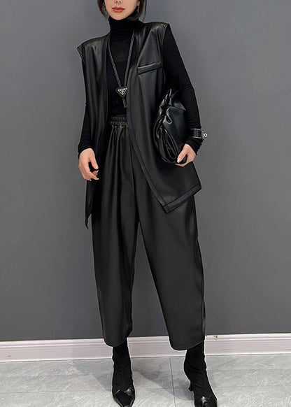 Black V Neck Faux Leather Waistcoat and Straight Pants Two Pieces Set Fall