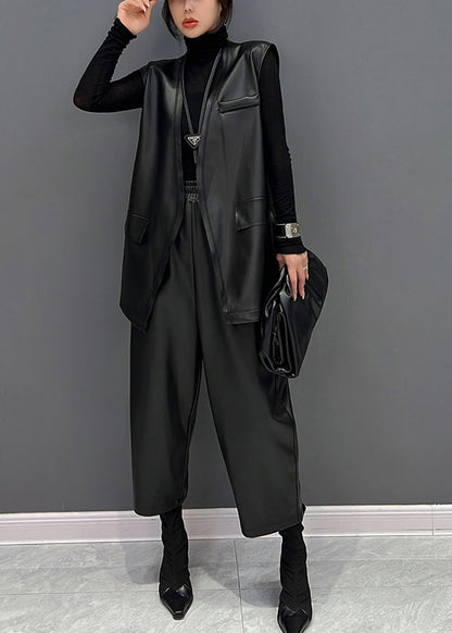 Black V Neck Faux Leather Waistcoat and Straight Pants Two Pieces Set Fall
