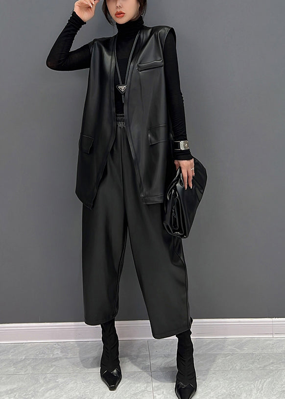 Black V Neck Faux Leather Waistcoat and Straight Pants Two Pieces Set Fall