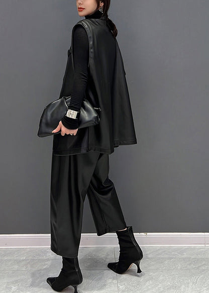 Black V Neck Faux Leather Waistcoat and Straight Pants Two Pieces Set Fall