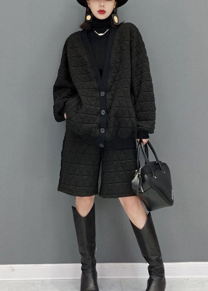 Black V Neck Fine Cotton Filled Two Pieces Set Winter