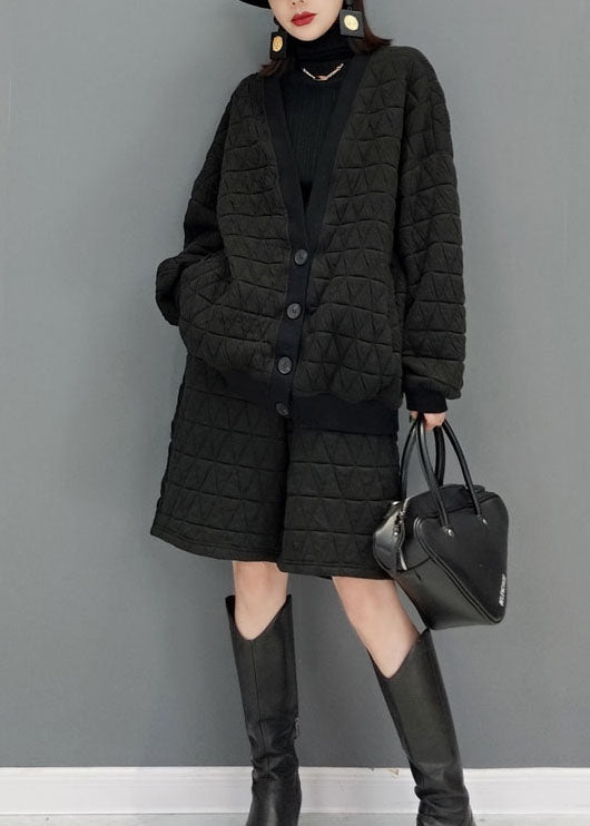 Black V Neck Fine Cotton Filled Two Pieces Set Winter