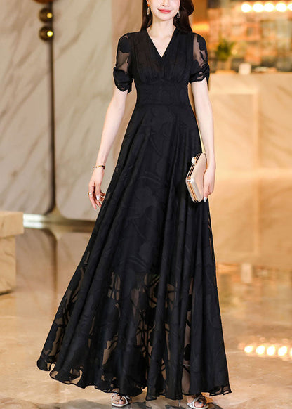 Black V Neck High Waist Tulle Patchwork Chiffon Long Dress Summer