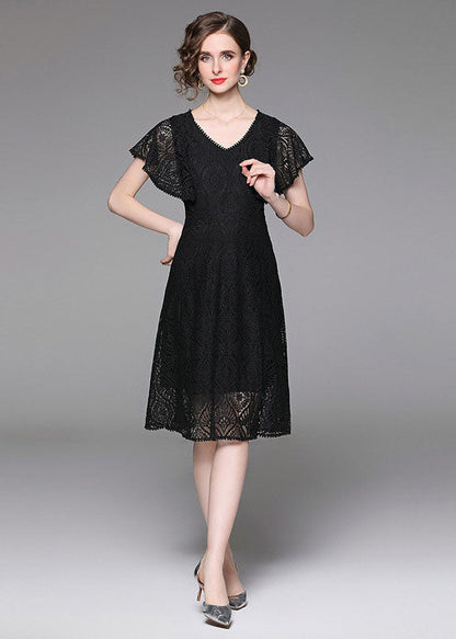 Black V Neck Hollow Out Patchwork Lace Mid Dress Butterfly Sleeve