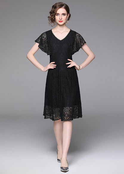 Black V Neck Hollow Out Patchwork Lace Mid Dress Butterfly Sleeve