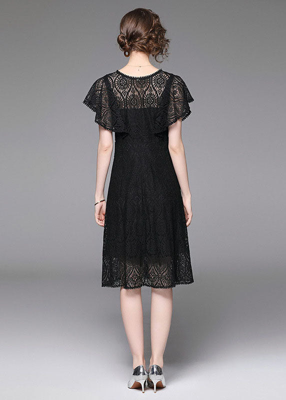 Black V Neck Hollow Out Patchwork Lace Mid Dress Butterfly Sleeve