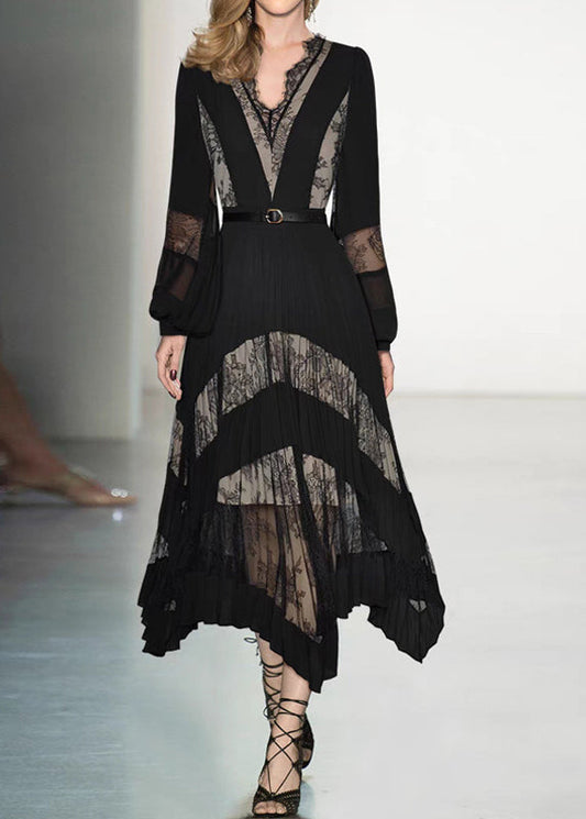 Black V Neck Lace Patchwork Maxi Dresses Puff Sleeve