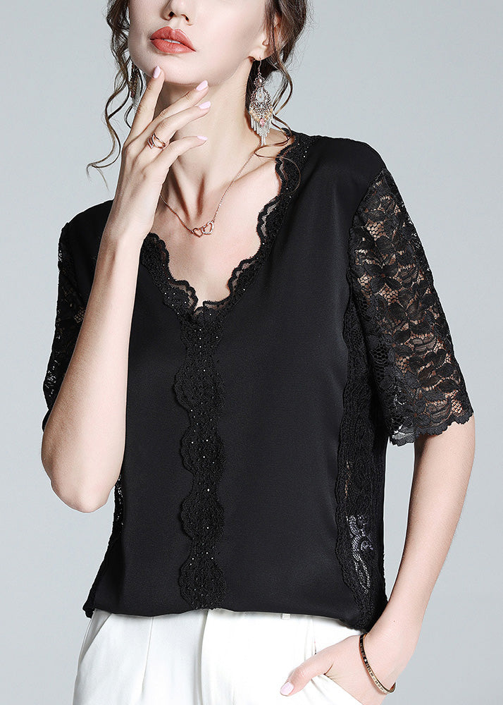 Black V Neck Lace Patchwork Top Short Sleeve