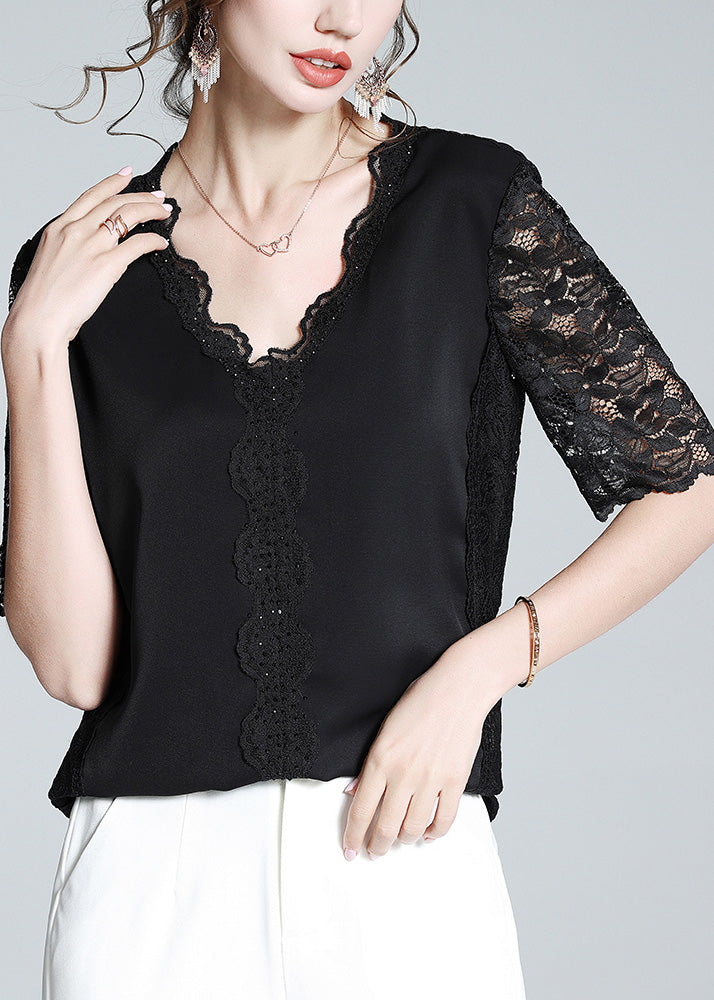 Black V Neck Lace Patchwork Top Short Sleeve