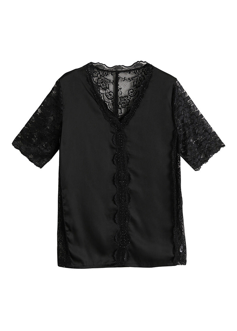 Black V Neck Lace Patchwork Top Short Sleeve