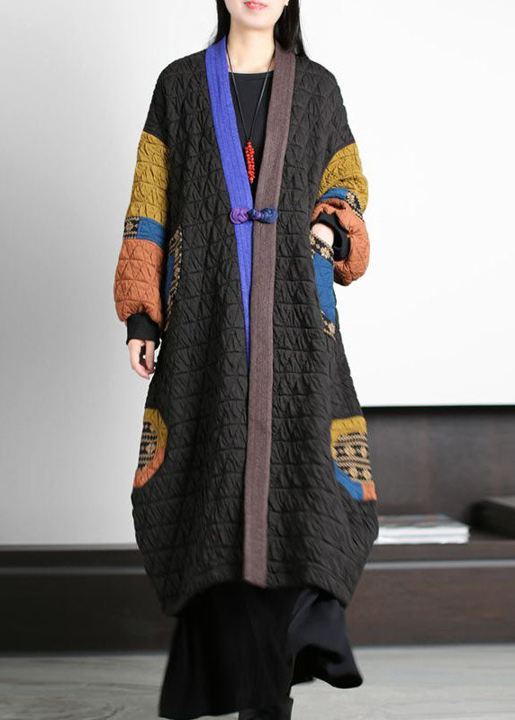 Black V Neck Patchwork Oriental Button Fine Cotton Filled Long Coats Winter