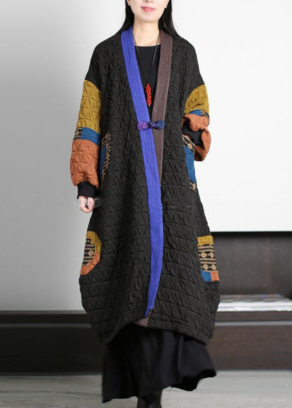 Black V Neck Patchwork Oriental Button Fine Cotton Filled Long Coats Winter