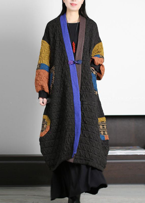 Black V Neck Patchwork Oriental Button Fine Cotton Filled Long Coats Winter