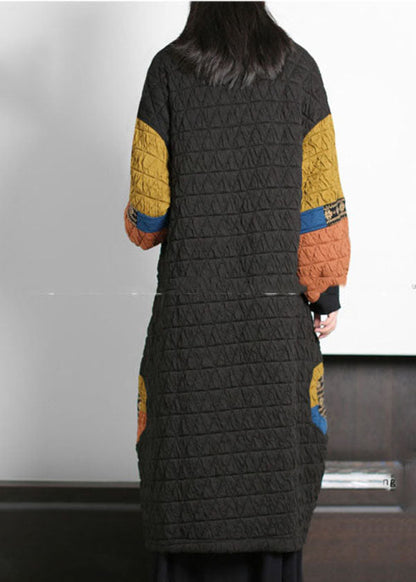 Black V Neck Patchwork Oriental Button Fine Cotton Filled Long Coats Winter
