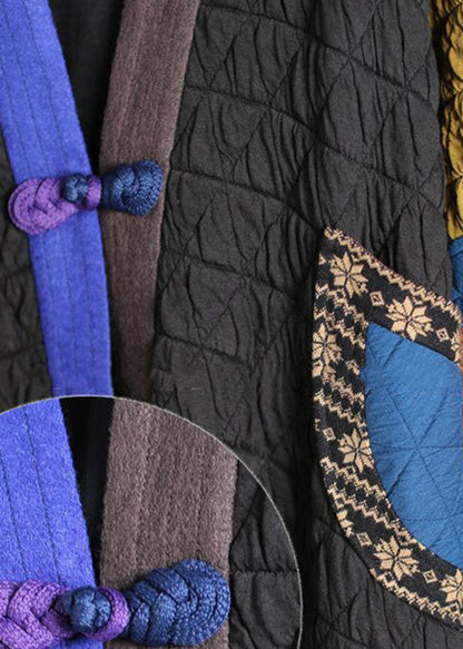 Black V Neck Patchwork Oriental Button Fine Cotton Filled Long Coats Winter