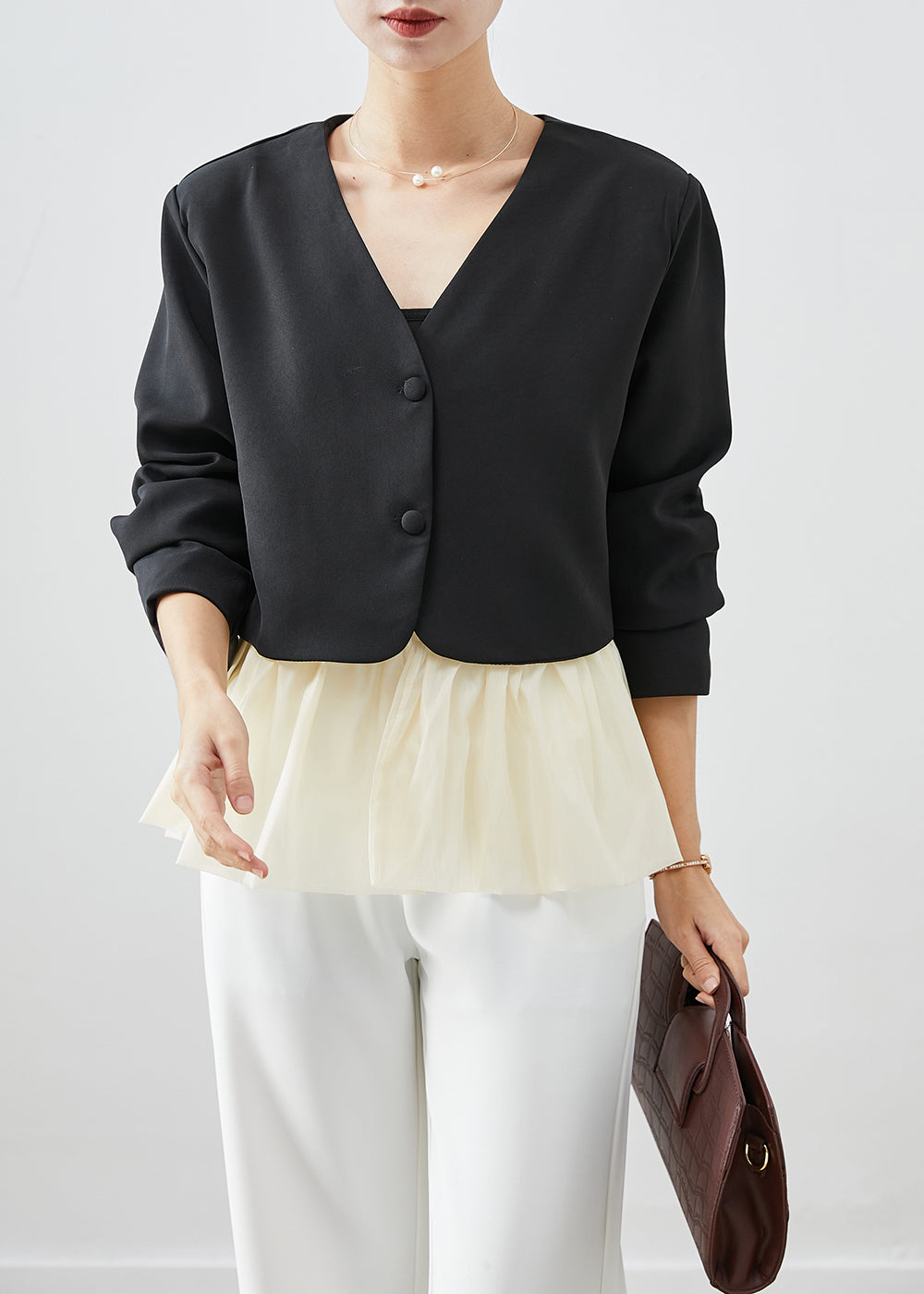 Black V Neck Patchwork Spandex Coats Fall