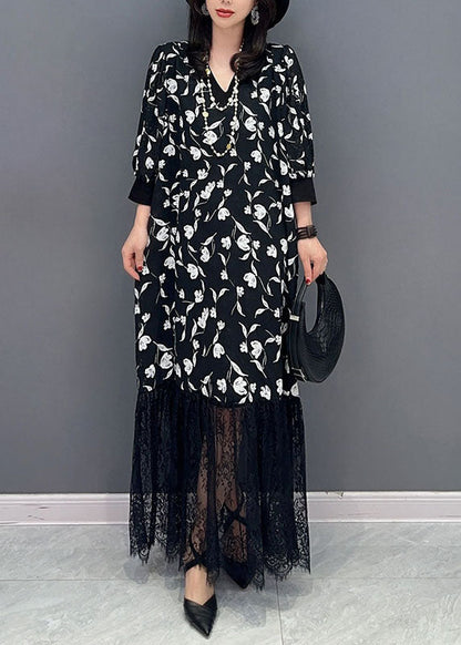 Black V Neck Print Lace Patchwork Cotton Dress Summer