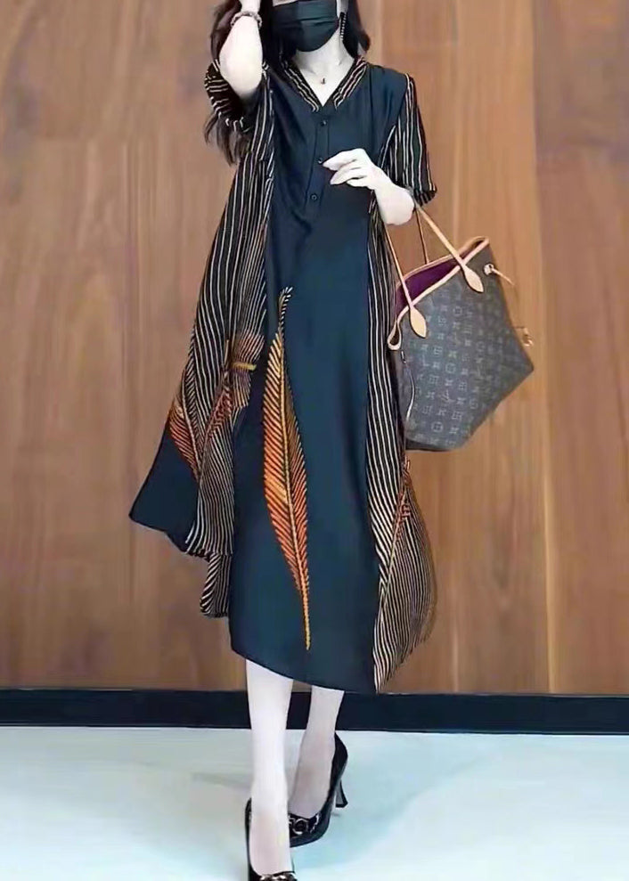 Black V Neck Print Patchwork Silk Long Dresses Summer