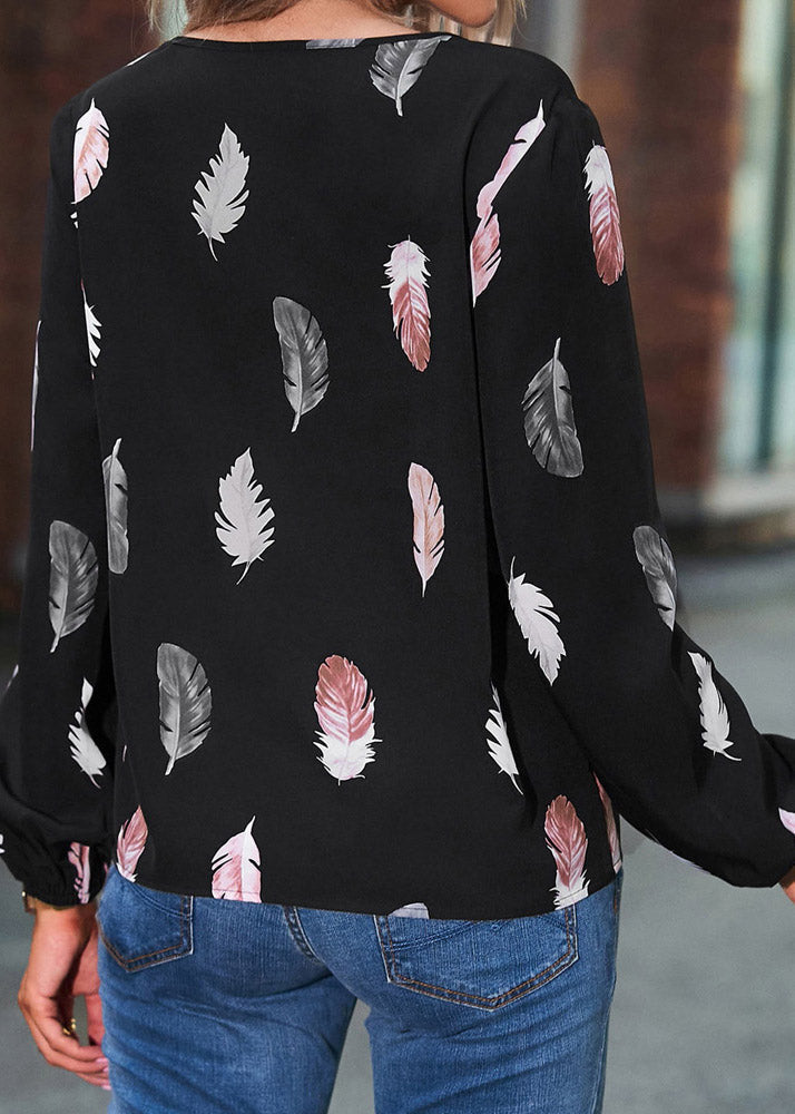 Black V Neck Print Shirt Long Sleeve