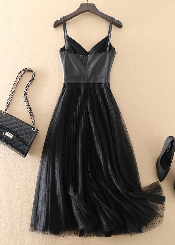 Black V Neck Sheepskin Patchwork Tulle Dress Sleeveless